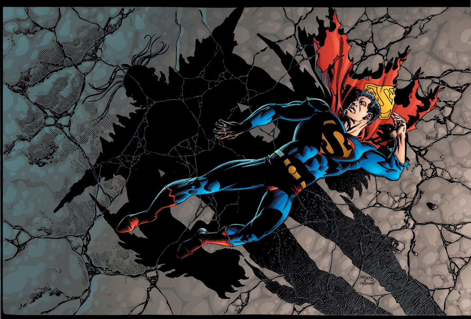 Superman lies dead on the ground, the pavement cracked around him, while Doomsday's shadow is cast over him.